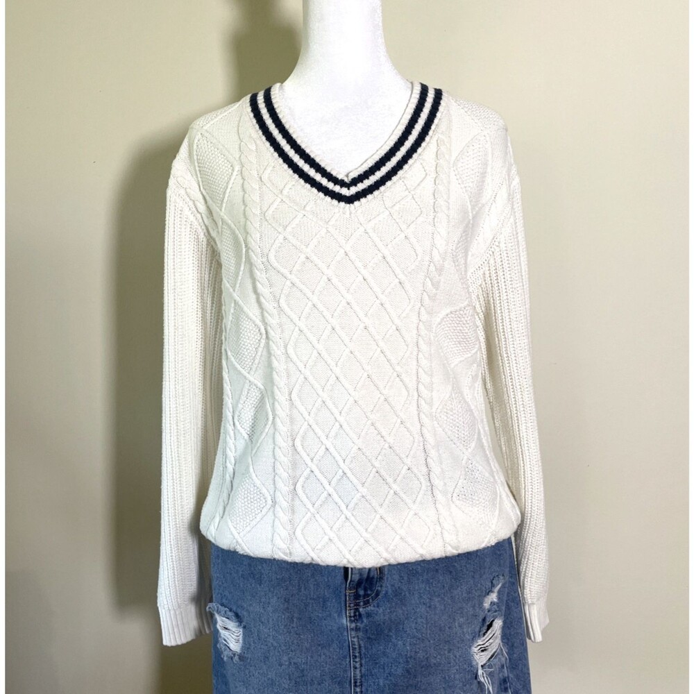 Hollister Off-White V-Neck Cable Knit Tennis Sweater Sz XS Preppy Y2K Old Money